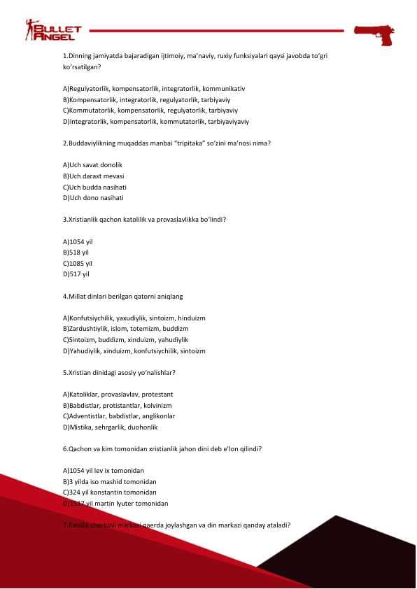 Dinshunoslik asoslaridan testlar