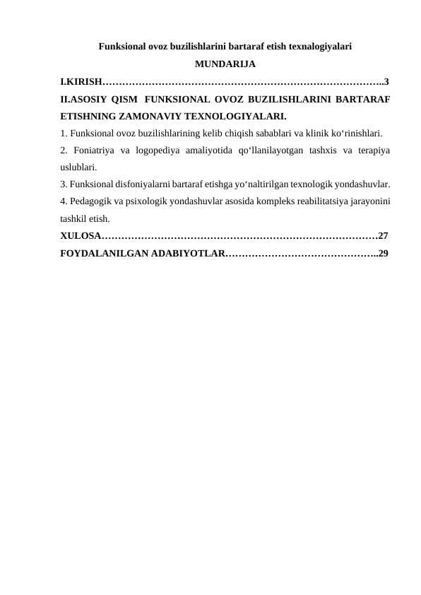 Funksional ovoz buzilishlarini bartaraf etish texnalogiyalari