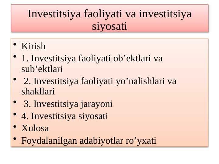 Investitsiya faoliyati va investitsiya siyosati