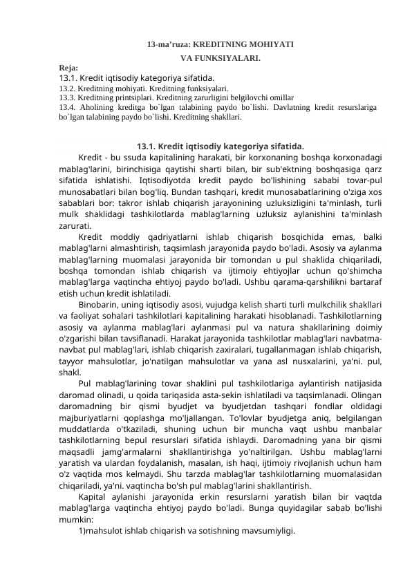 KREDITNING MOHIYATI  VA FUNKSIYALARI.