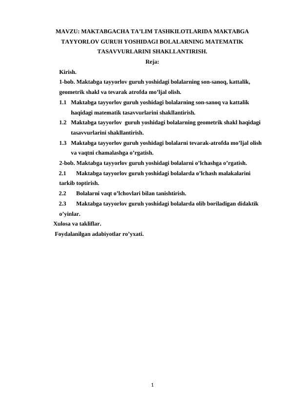 MAKTABGACHA TA’LIM TASHKILOTLARIDA MAKTABGA TAYYORLOV GURUH YOSHIDAGI BOLALARNING MATEMATIK TASAVVURLARINI SHAKLLANTIRISH