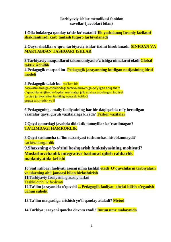 Tarbiyaviy ishlar metodikasi fanidan savollar (javoblari bilan)