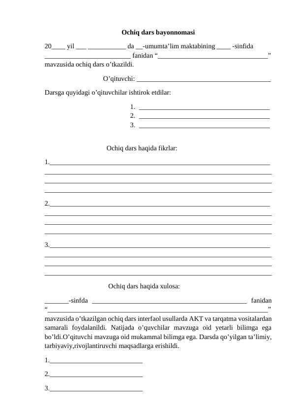 Ochiq dars bayonnomasi namunasi (shablon)