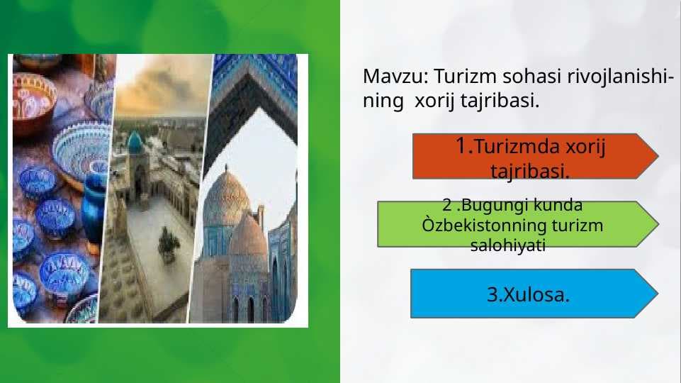 Mavzu: Turizm sohasi rivojlanishi-
ning  xorij tajribasi.
