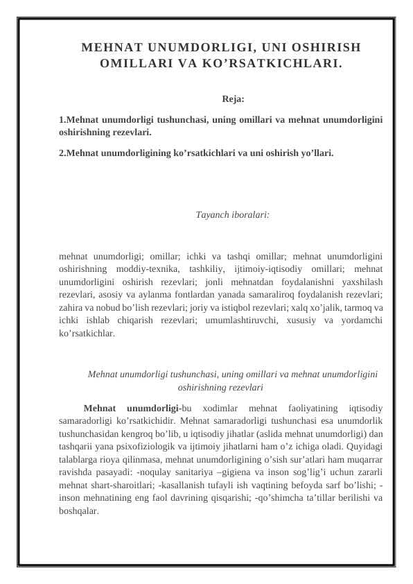 "Mehnat Unumdorligi: Oshirish Omillari va Ko'rsatkichlari" - 1-Kurs Iqtisodiyot Talabalari uchun To'liq Mustaqil Ish Qo'llanmasi | PPT & Word Formatda