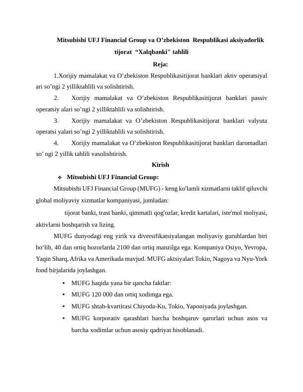 Mitsubishi UFJ Financial Group va O’zbekiston  Respublikasi aksiyadorlik  tijorat  “Xalqbanki" tahlili