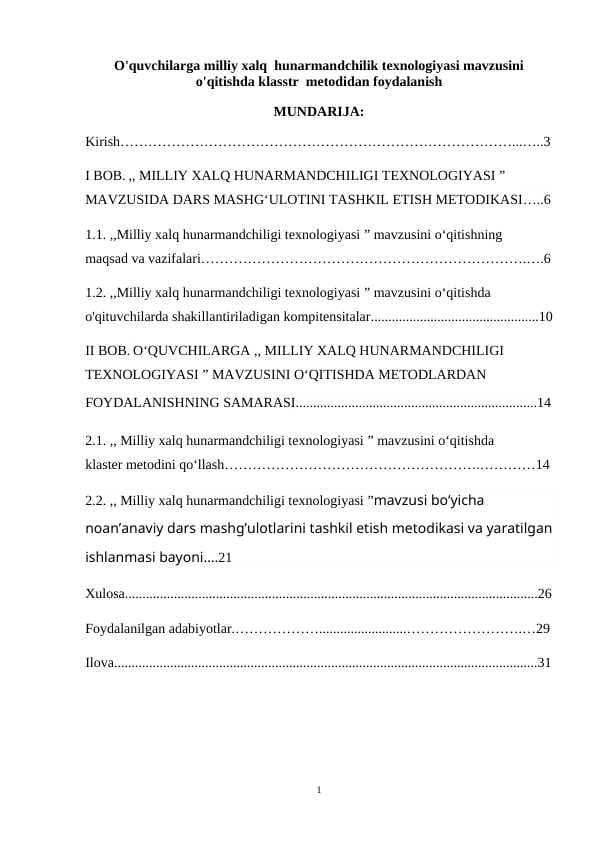 O'quvchilarga milliy xalq  hunarmandchilik texnologiyasi mavzusini  o'qitishda klasstr  metodidan foydalanish