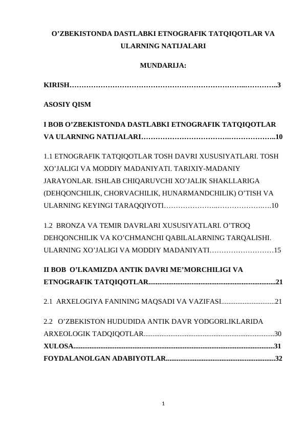 O’ZBEKISTONDA DASTLABKI ETNOGRAFIK TATQIQOTLAR VA ULARNING NATIJALARI