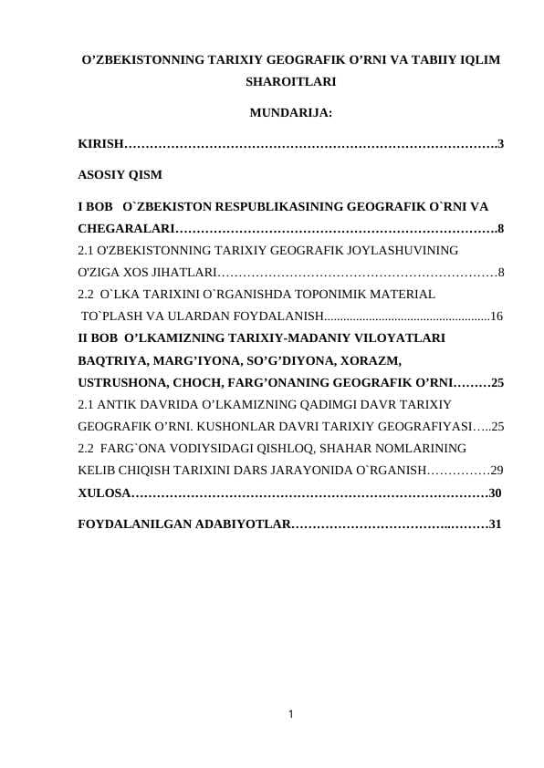 O’ZBEKISTONNING TARIXIY GEOGRAFIK O’RNI VA TABIIY IQLIM SHAROITLARI