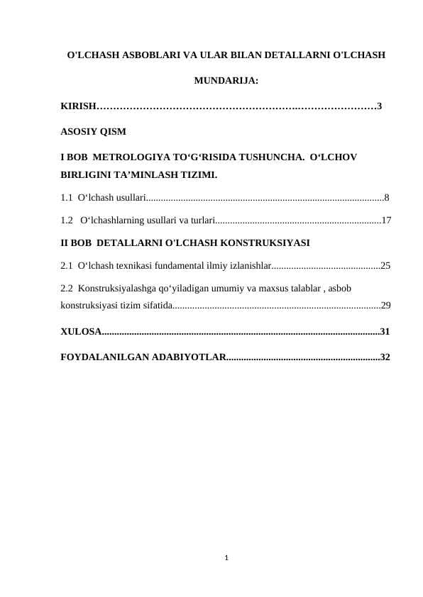 O'LCHASH ASBOBLARI VA ULAR BILAN DETALLARNI O'LCHASH