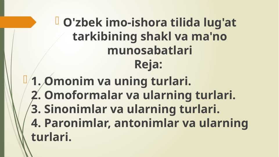 o'zbek imo-ishora tilida lug'at tarkibining shakl va ma'no munosabatlari