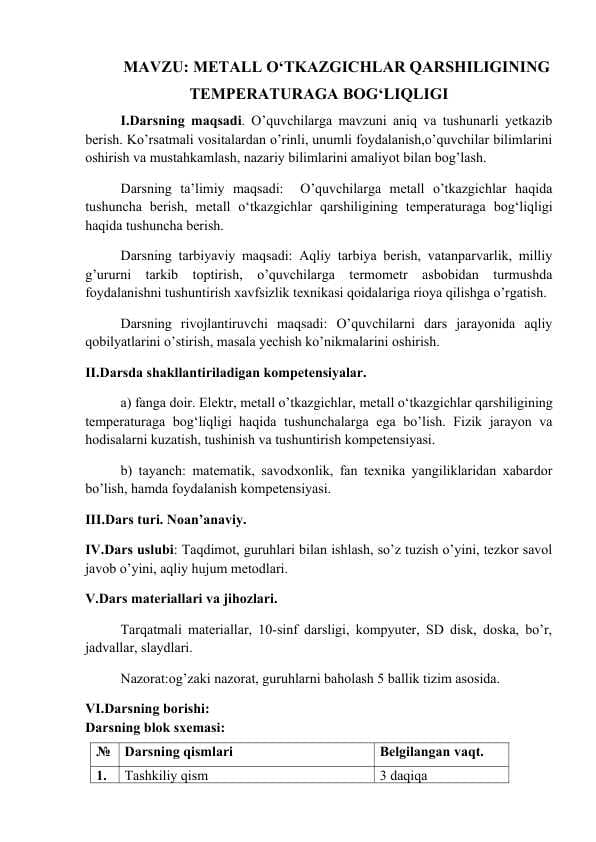 METALL O‘TKAZGICHLAR QARSHILIGINING TEMPERATURAGA BOG‘LIQLIGI