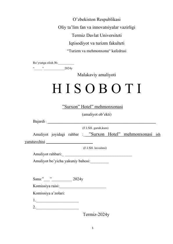 Surxon Hotel mehmonxonasi. Amaliyot hisoboti