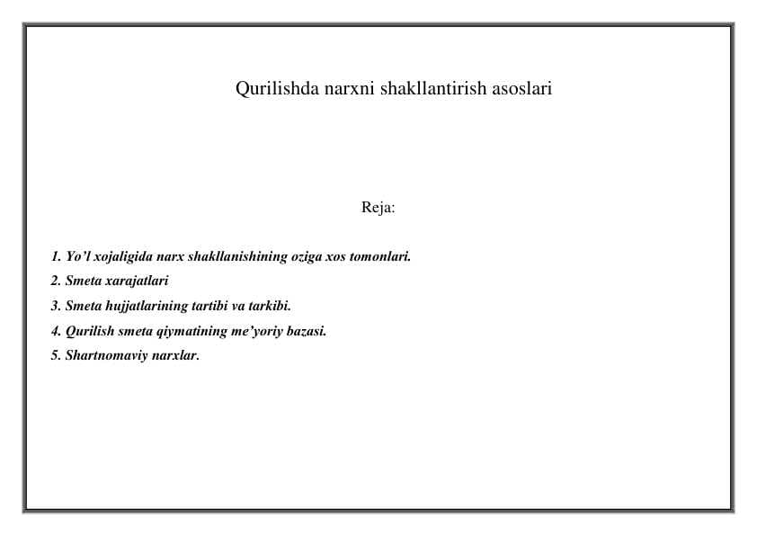 Qurilishda narxni shakllantirish asoslari