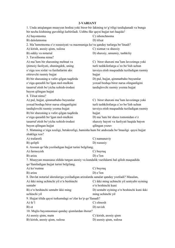 Davlat tilida ish yuritishdan variantli testlar 2-variant