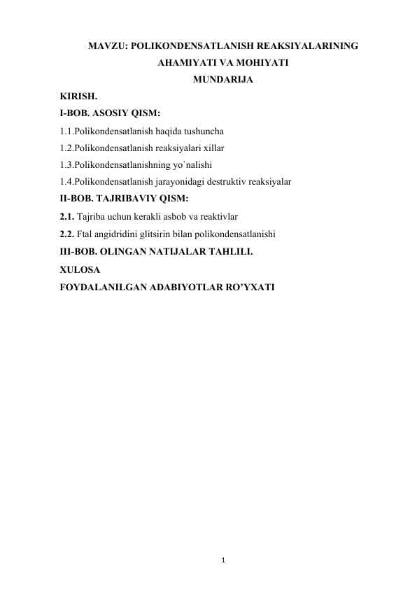 POLIKONDENSATLANISH REAKSIYALARINING AHAMIYATI VA MOHIYATI