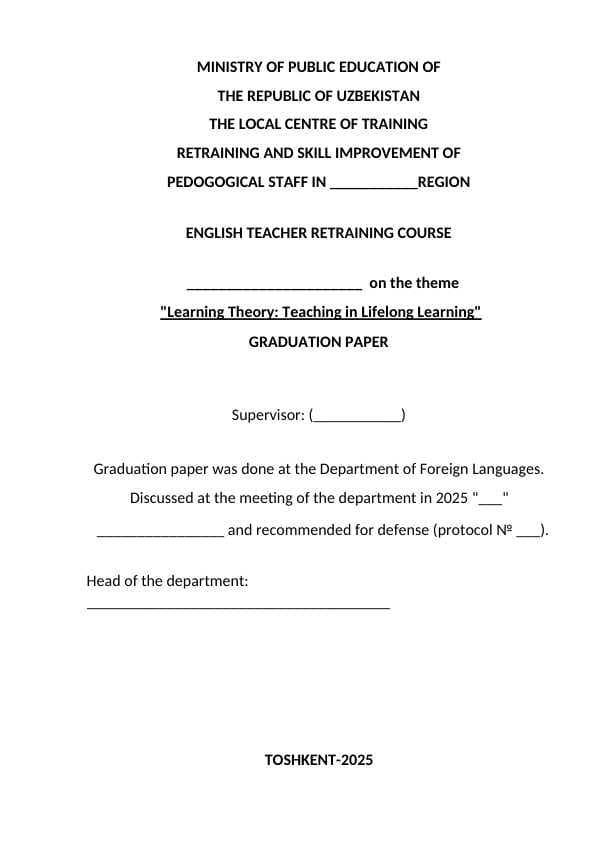 "Learning Theory: Teaching in Lifelong Learning"  ingliz tilida