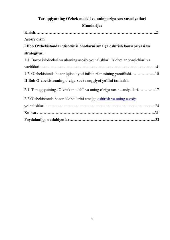 Taraqqiyotning O'zbek modeli va uning oziga xos xususiyatlari