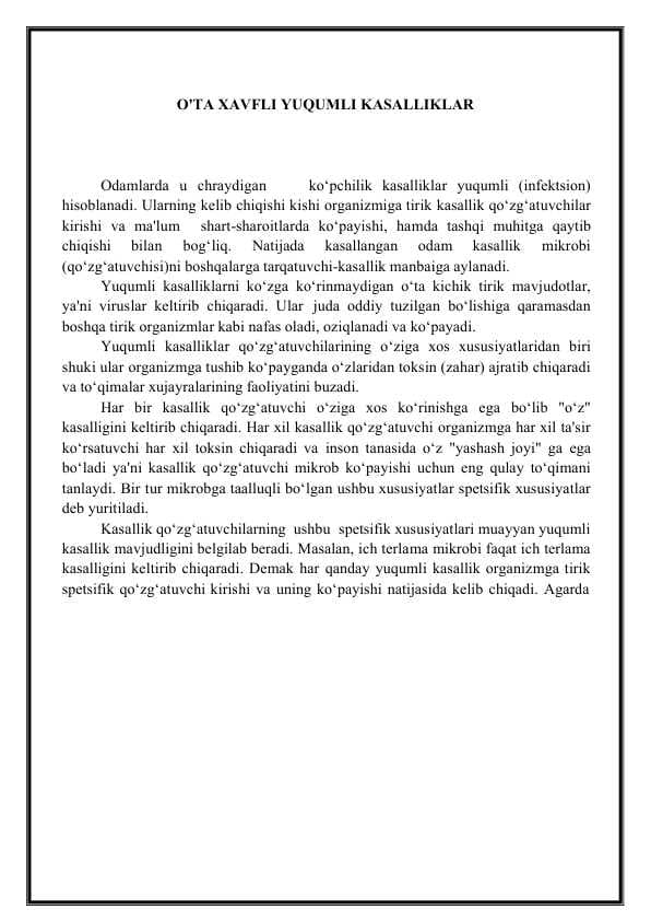 O'TA XAVFLI YUQUMLI KASALLIKLAR