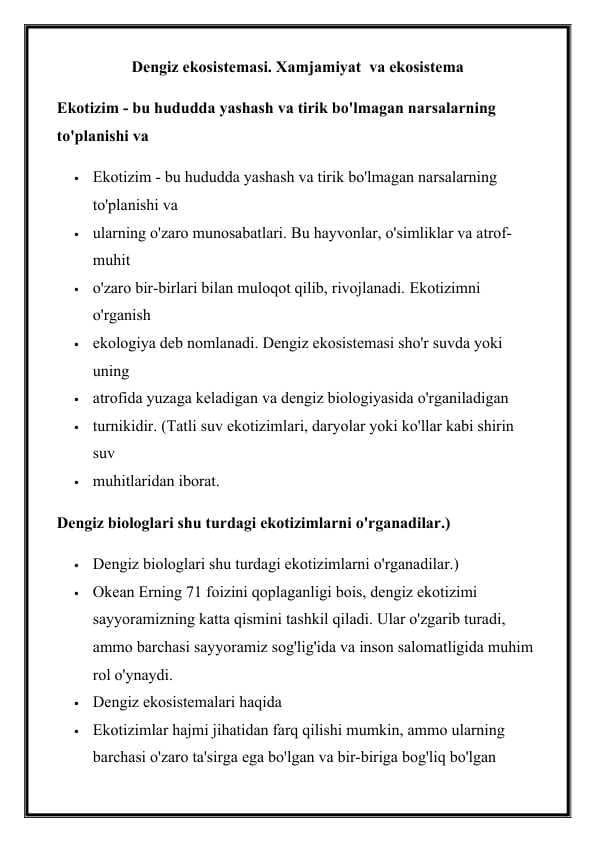 Dengiz ekosistemasi. Xamjamiyat  va ekosistema