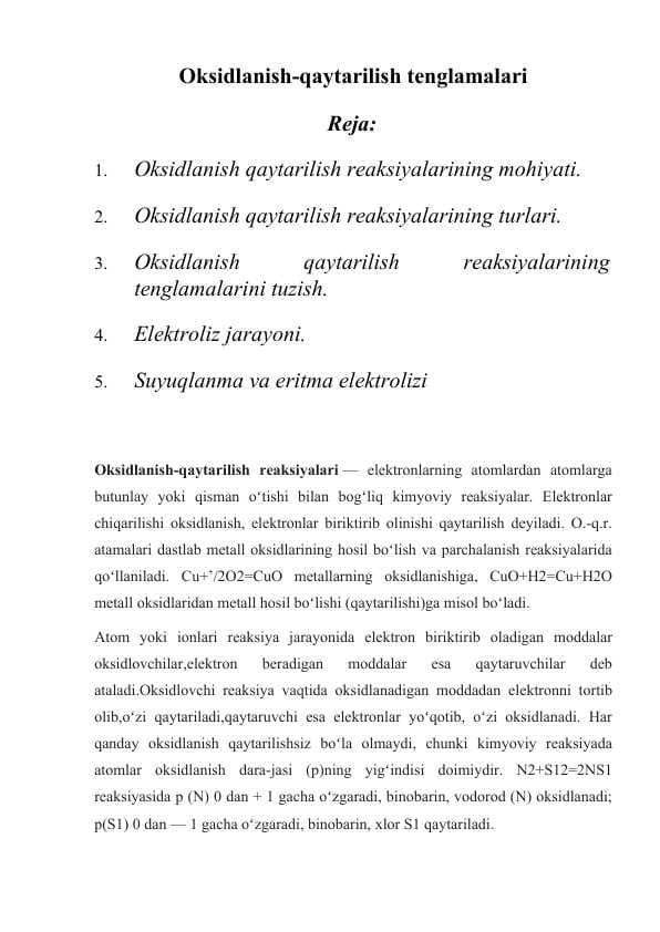 "Oksidlanish-Qaytarilish Tenglamalari Referat (1-Kurs)"