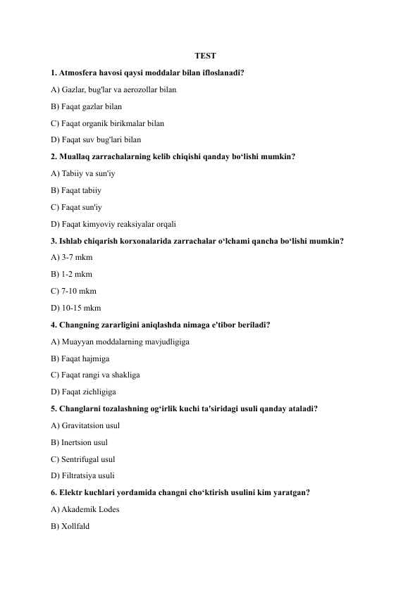 Tabiatshunoslik bo`yicha test
