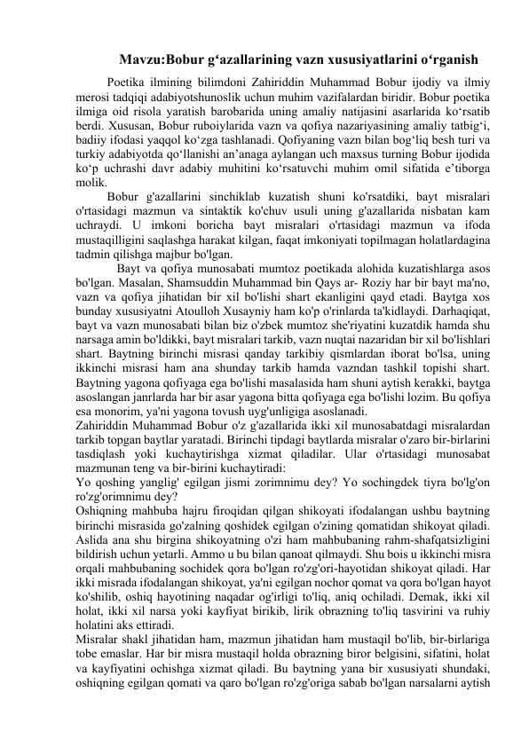 Bobur gʻazallarining vazn xususiyatlarini oʻrganish