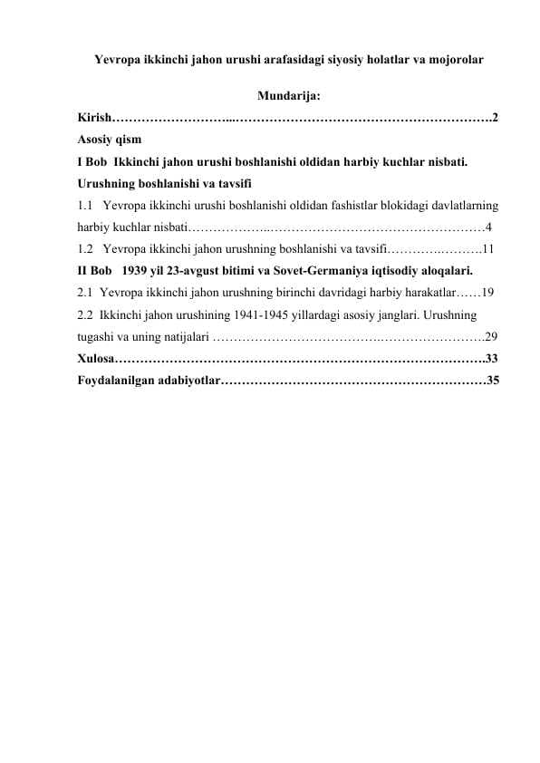 Yevropa ikkinchi jahon urushi arafasidagi siyosiy holatlar va mojorolar