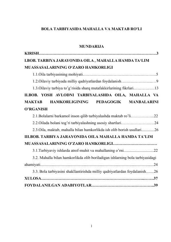 BOLA TARBIYASIDA MAHALLA VA MAKTAB RO'LI