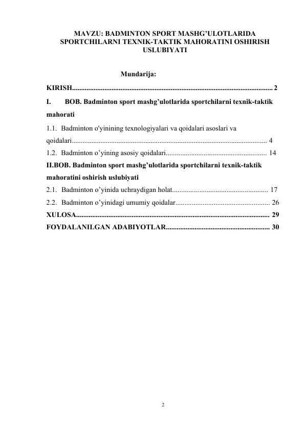 BADMINTON SPORT MASHG’ULOTLARIDA SPORTCHILARNI TEXNIK-TAKTIK MAHORATINI OSHIRISH USLUBIYATI