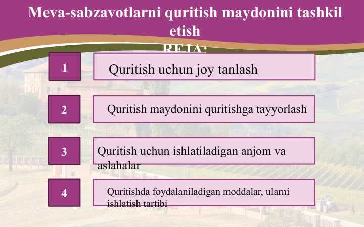 Meva-sabzavotlarni quritish maydonini tashkil etish