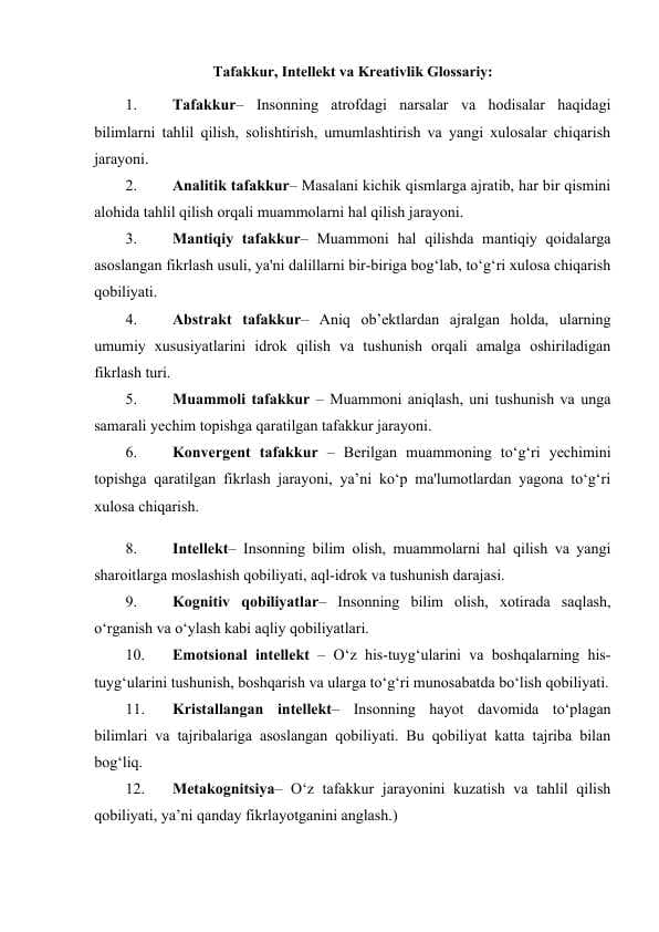 Tafakkur, Intellekt va Kreativlik
