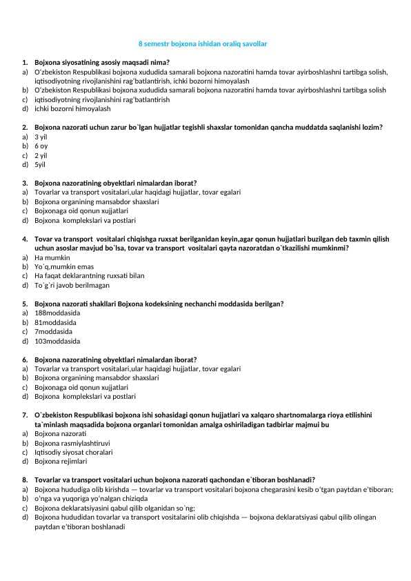 8 semestr bojxona ishidan oraliq savollar