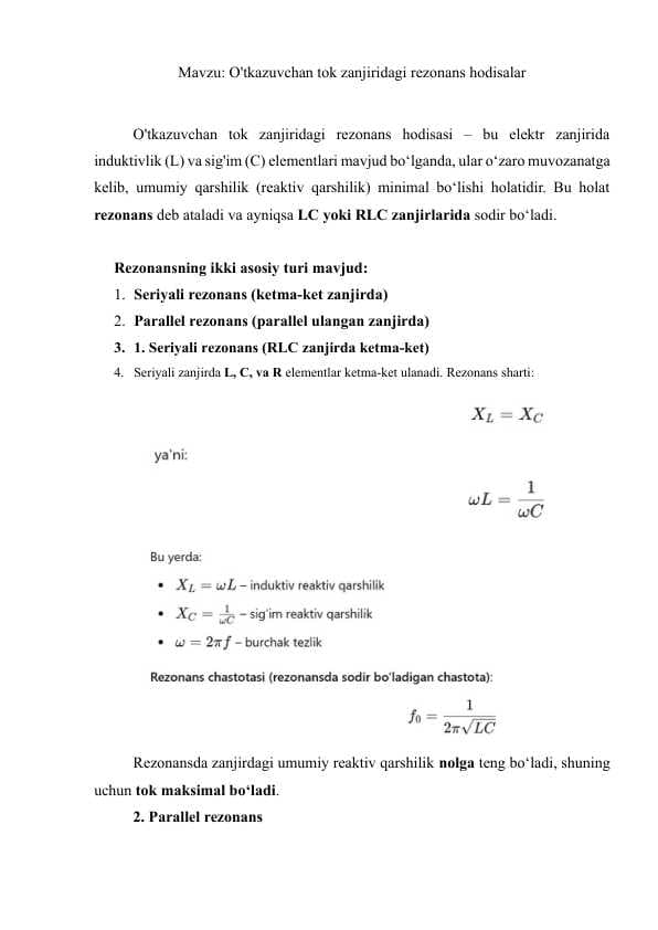 O'tkazuvchan tok zanjiridagi rezonans hodisalar