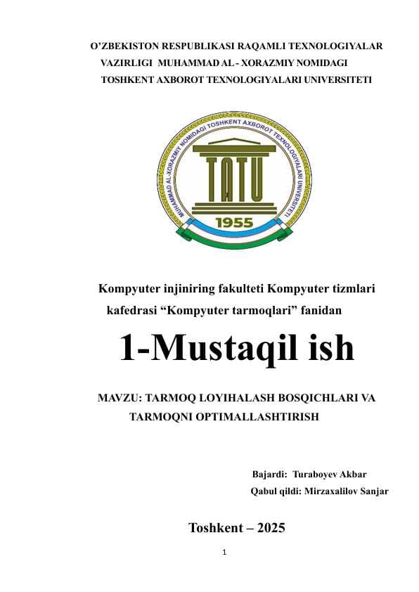 TARMOQ LOYIHALASH BOSQICHLARI VA TARMOQNI OPTIMALLASHTIRISH