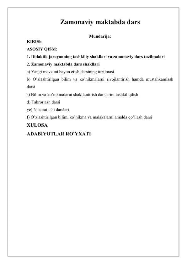 Zamonaviy maktabda dars