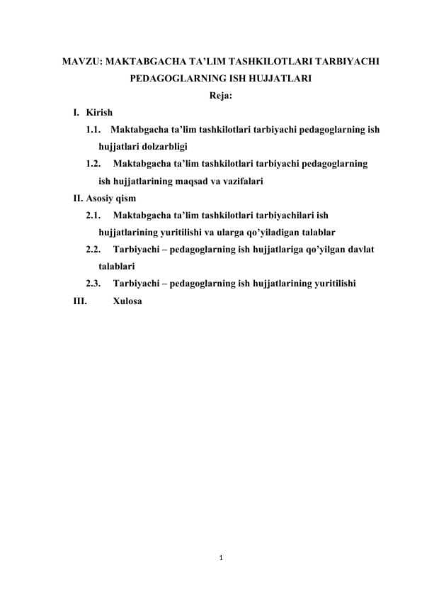 MAKTABGACHA TA’LIM TASHKILOTLARI TARBIYACHI PEDAGOGLARNING ISH HUJJATLARI