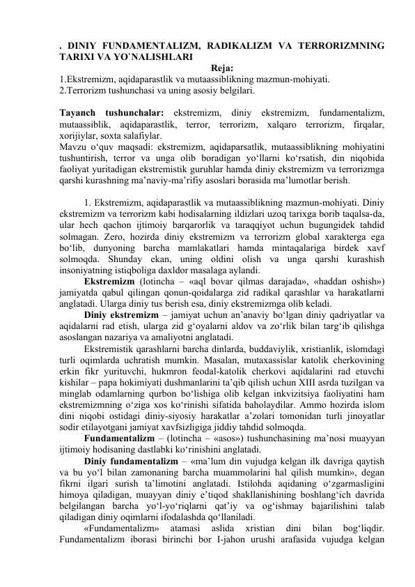 DINIY FUNDAMENTALIZM, RADIKALIZM VA TERRORIZMNING TARIXI VA YO`NALISHLARI