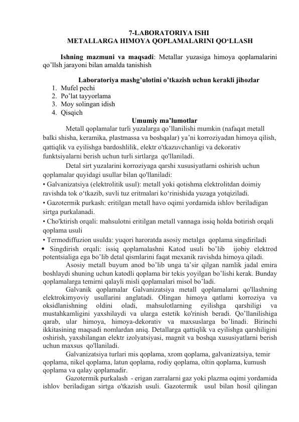 METALLARGA HIMOYA QOPLAMALARINI QO‘LLASH