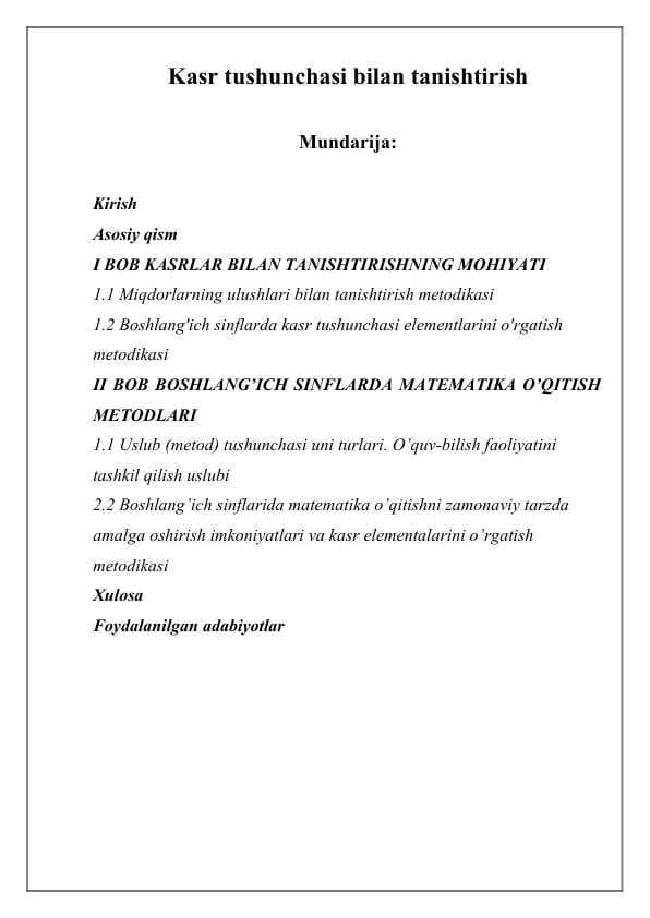 Kasr tushunchasi bilan tanishtirish