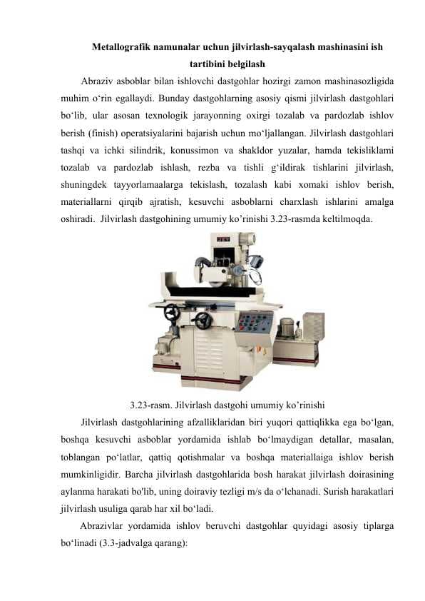 Metallografik namunalar uchun jilvirlash-sayqalash mashinasini ish  tartibini belgilash