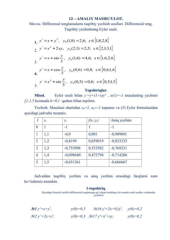 Differensal tenglamalarni taqribiy yechish usullari. Differensial teng. Taqribiy yechishning Eyler usuli.