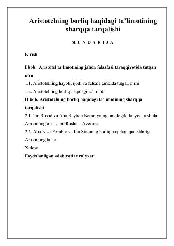 Aristotelning borliq haqidagi ta’limotining sharqqa tarqalishi