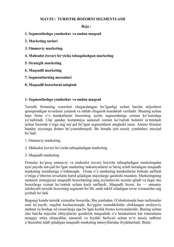 TURISTIK BOZORNI SEGMENTLASH