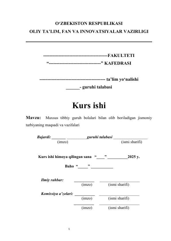 Maxsus tibbiy guruh bolalari bilan olib boriladigan jismoniy tarbiyaning maqsadi va vazifalari  KURS ISHI Maxsus tibbiy guruh bolalarida uchraydigan sog‘liq muammolari va ularning jismoniy rivojlanishga ta’siri