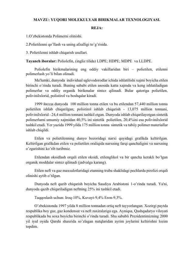 YUQORI MOLEKULYAR BIRIKMALAR TEXNOLOGIYASI