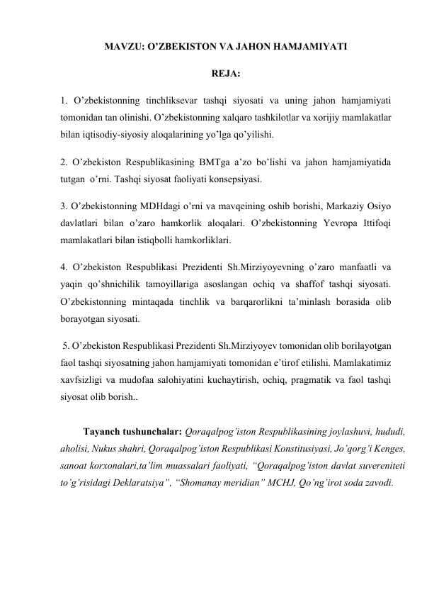 O’ZBEKISTON VA JAHON HAMJAMIYATI