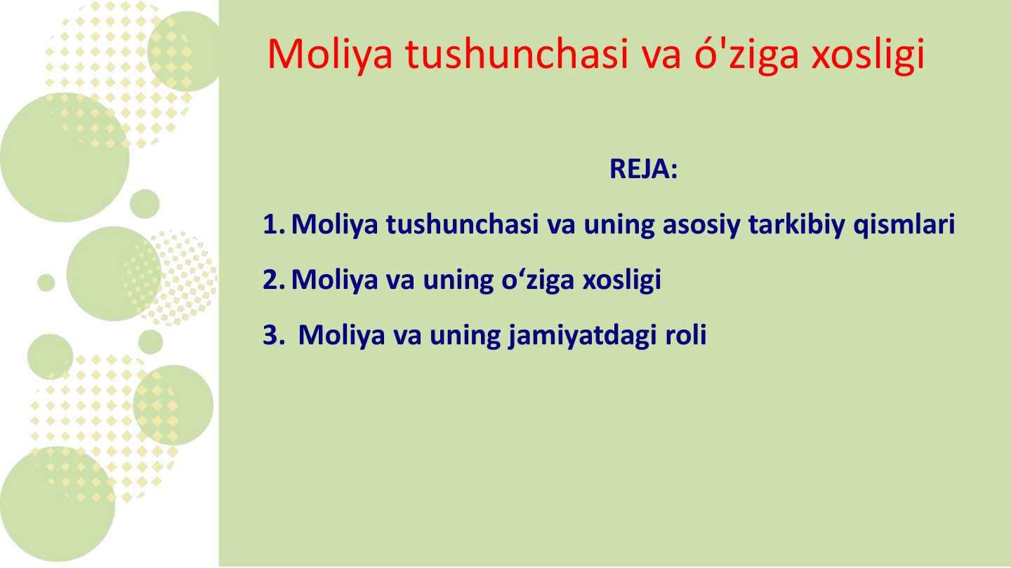 Moliya tushunchasi va ó'ziga  xosligi