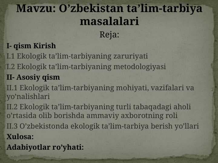 O’zbekistan ta’lim-tarbiya masalalari