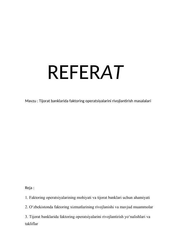 Tijorat banklarida faktoring operatsiyalarini rivojlantirish masalalari bank ishi